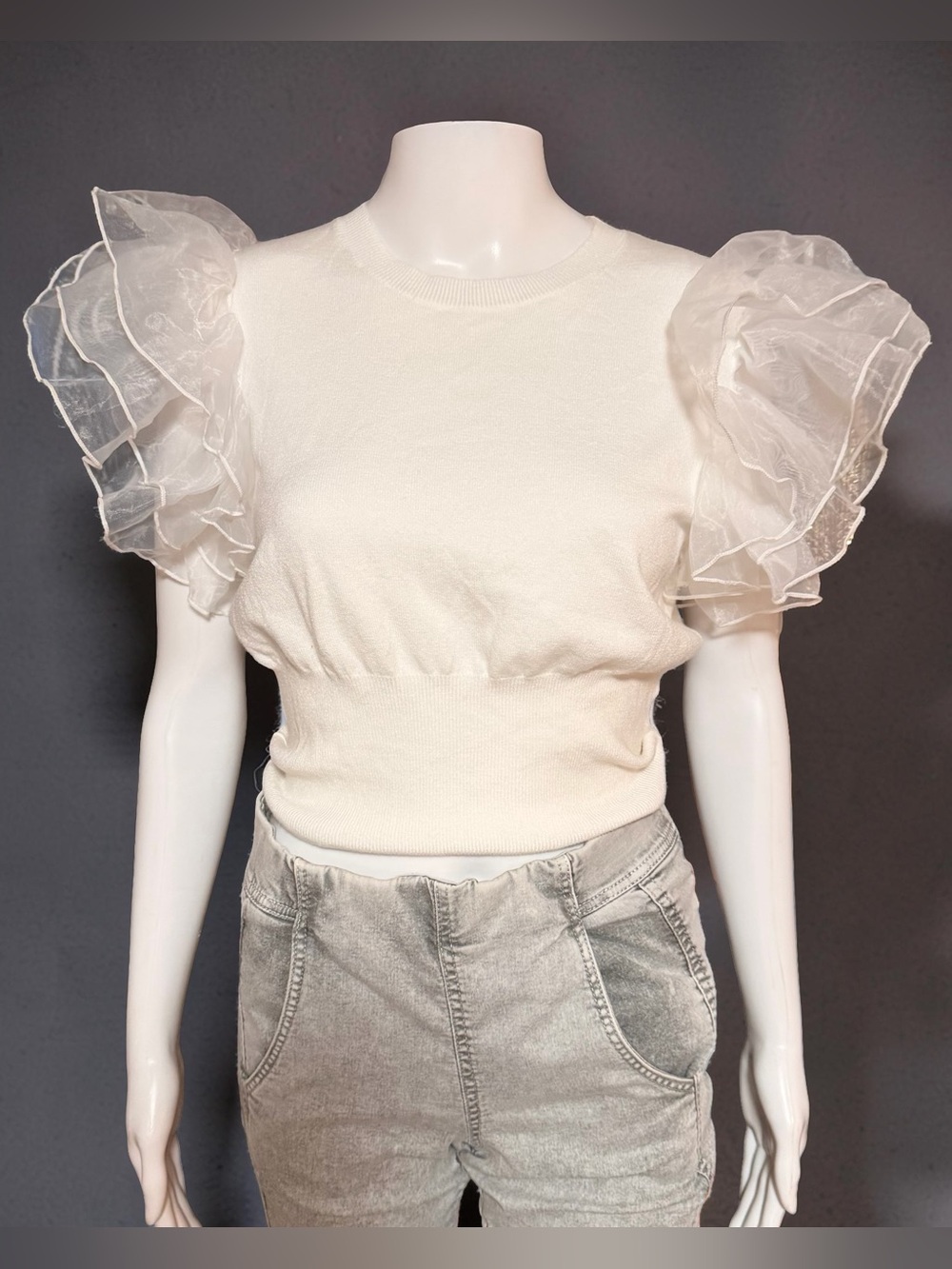 Linen Rose Boutique Organza Ruffle Sleeve Sweater Top - Size Large